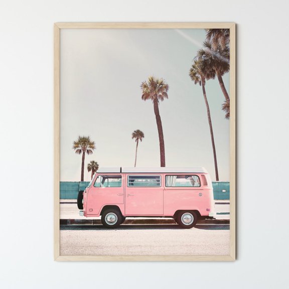 Pink Bus Beach Wall Art Retro Van Print California Wall Decor Modern Beach Prints Vertical Frame, Unframed Paper Print