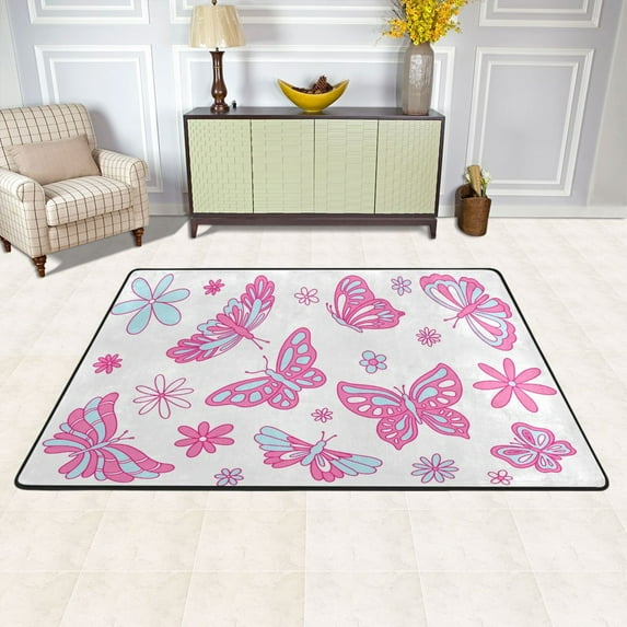 Pink Butterflies Area Floor Mats Soft Large Nursery Rugs Non-Slip Foam Carpets Living Room Doormat for Bedroom Dinning Decor 36" x 24"