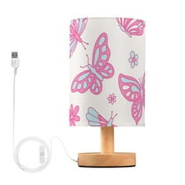Pink Butterflies Bedside Table Lamp LED Warm Lights with USB Charging Port Retro Cylinder Desk Lamps