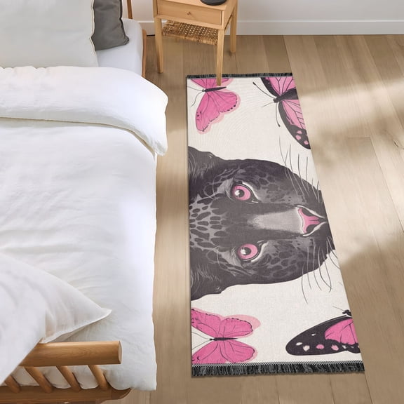 Pink Butterflies Black Leopard Bedside Runner Rug 2'x 6' Non Slip Carpet Floor Mat Area Rug