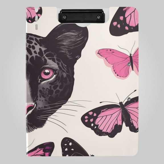 Pink Butterflies Black Leopard Foldable Binder Folder Clipboard with Pen Slot Double Clips A4 Size File Storage