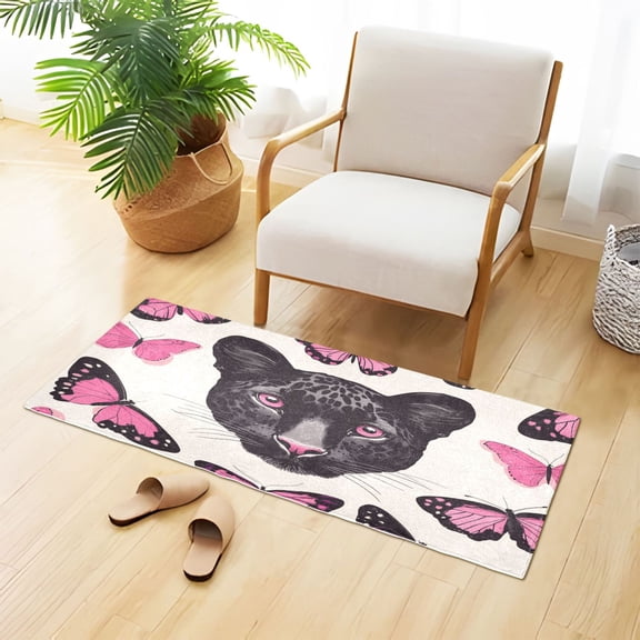 Pink Butterflies Black Leopard Plush Carpet Non Slip Runner Rug Absorbent Bath Mat 39" x 20"