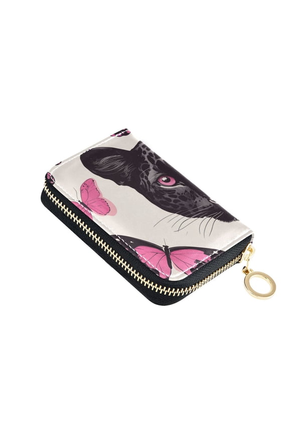 Pink Butterflies Black Leopard Women's Credit Card Holder PU Leather Zipper Wallet RFID Blocking
