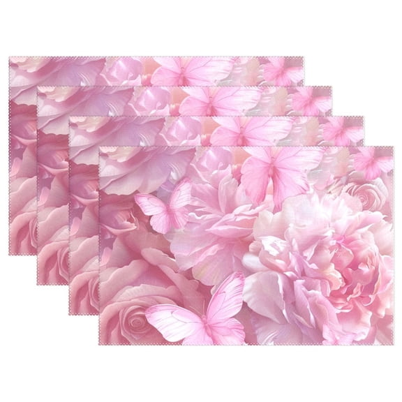 Pink Butterflies Flowers 12×18 inch Placemats Heat Resistant Washable Foldable Rectangular Placemats Set Decoration Indoor Outdoor for Kitchen Dining Table 6PCs