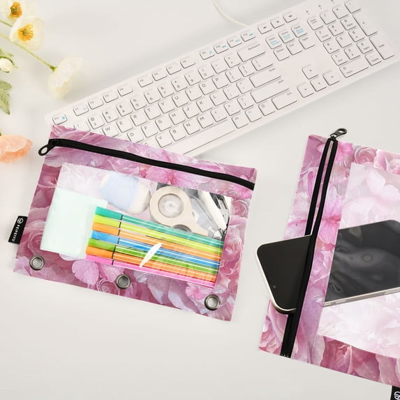 Pink Butterflies Flowers 2 Pack Pencil Pouches Zipper Pencil Case 3 Ring Pencil Pouch Cosmetic Bag
