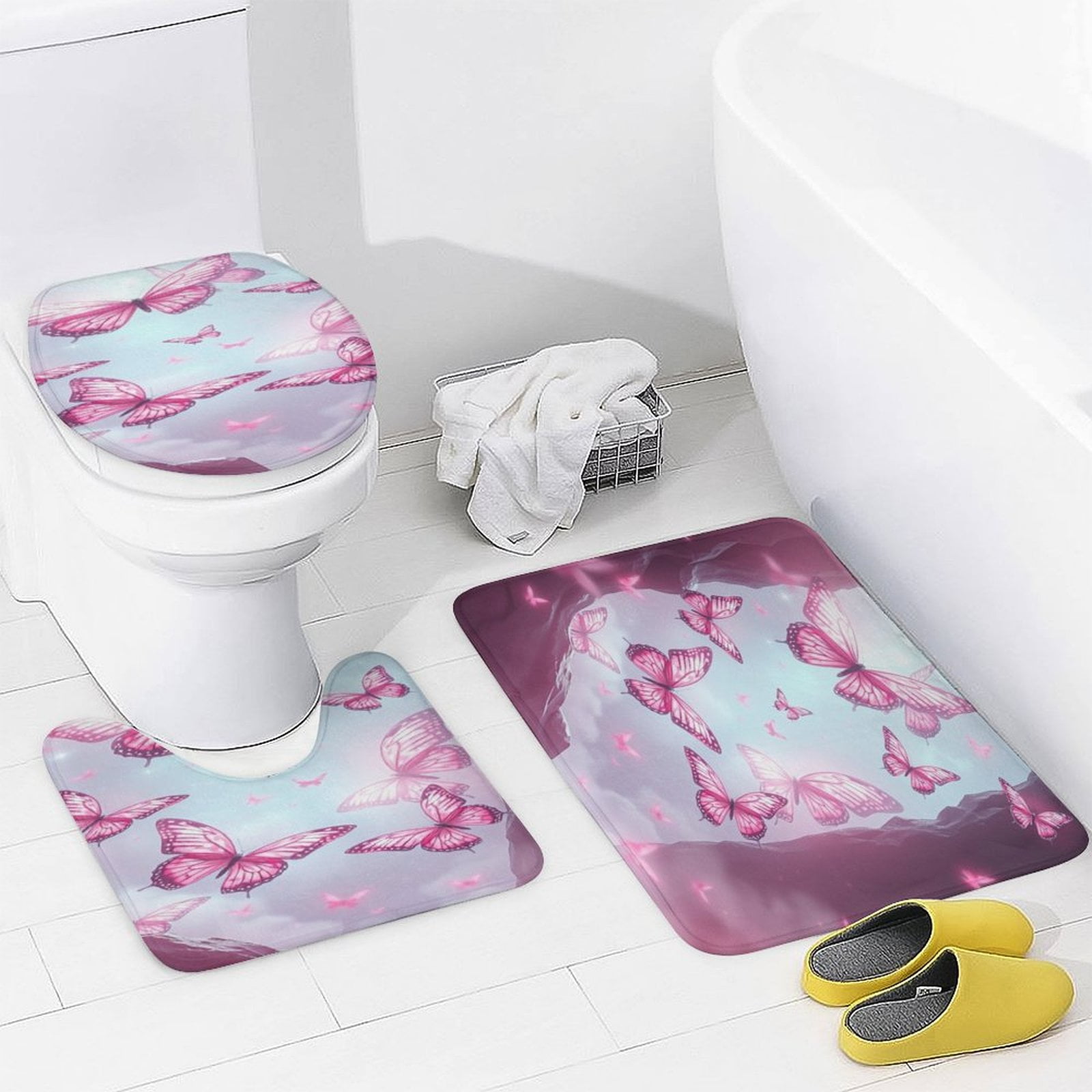 Pink Butterflies Flying Free Bathroom Rugs Set 3 Piece with Non-Slip ...