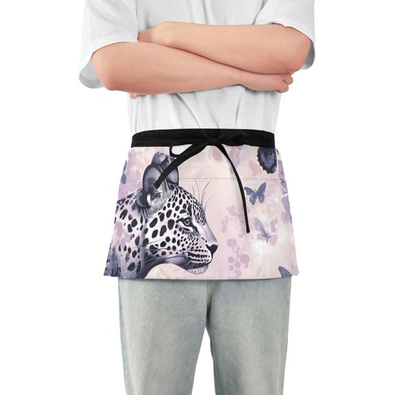 Pink Butterflies Leopard Flowers Short Server Apron with 3 Pockets for Unisex Chef Gardening