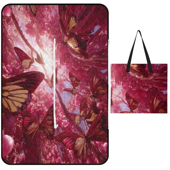 Pink Butterflies Magical Blossom Dreamland Outdoor Picnic Blanket, Foldable Waterproof Beach Mat, Portable Beach Blanket for Beach Camping, Hiking, Family Concerts