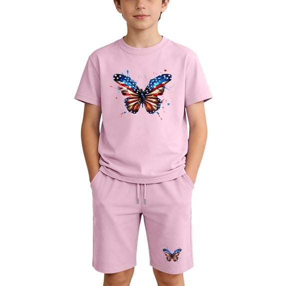 Pink Butterfly American Flag Kids 4th of July Outfit 2 Piece T Shirt Shorts Set for Kids Boys Girls Patriotic Summer Clothes,Size 9 T