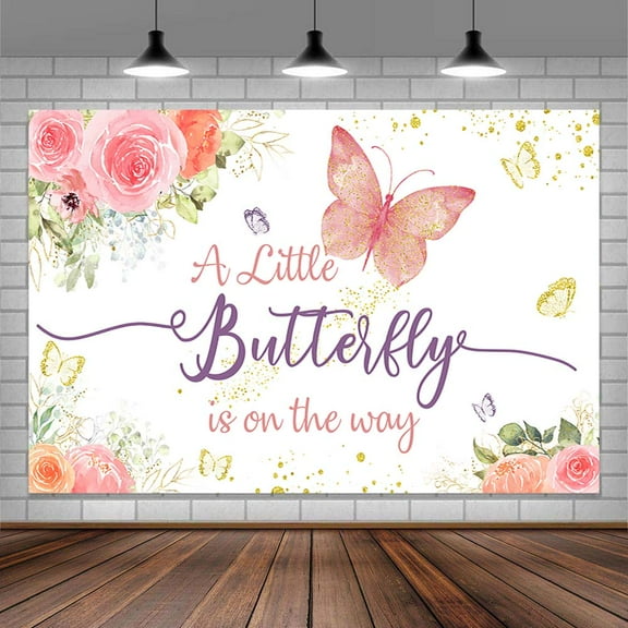 Pink Butterfly Baby Shower Decoraton Backdrop Pink Flower Photograph Backdrop Princess Girl Party Decoration Banner Photo Booth Girl Birthday Decor Backdrop 5X3FT