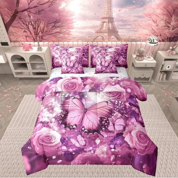 Pink Butterfly Bedding Set 7 Pieces,Peach Rose Flower Full Comforter Set Botanical Plants Bed In A Bag Boho Animal Bed Set