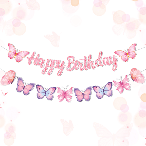 Pink Butterfly Birthday Banner - Dreamy Gradient Design Romantic Party Decor