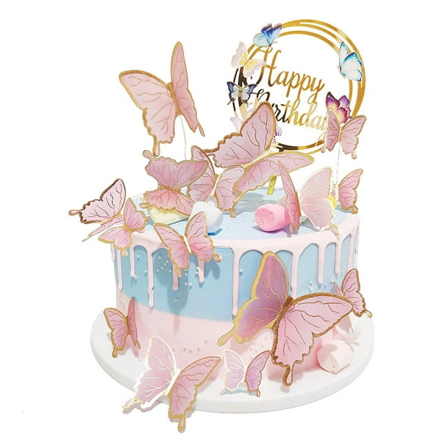 Pink Butterfly Cake Toppers, 16pcs Butterfly Cupcake Toppers Happy