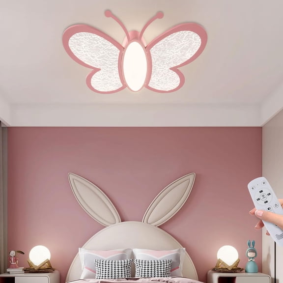 Pink Butterfly Ceiling Light LED Dimmable Ceiling Lamp Modern Acrylic Flush Mount Ceiling Lamp Fixture with Remote for Girls Room Foyer Living Room