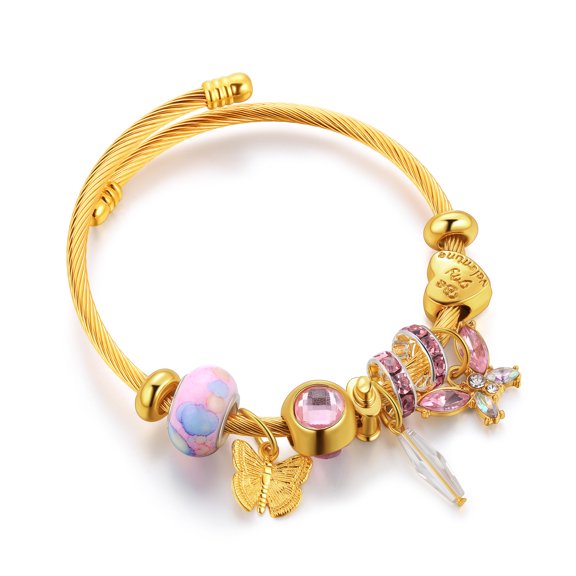 Pink Butterfly Charm Bracelet for Women Girls DIY Crystal Beads Bangle Gold Plated Adjustable Chain