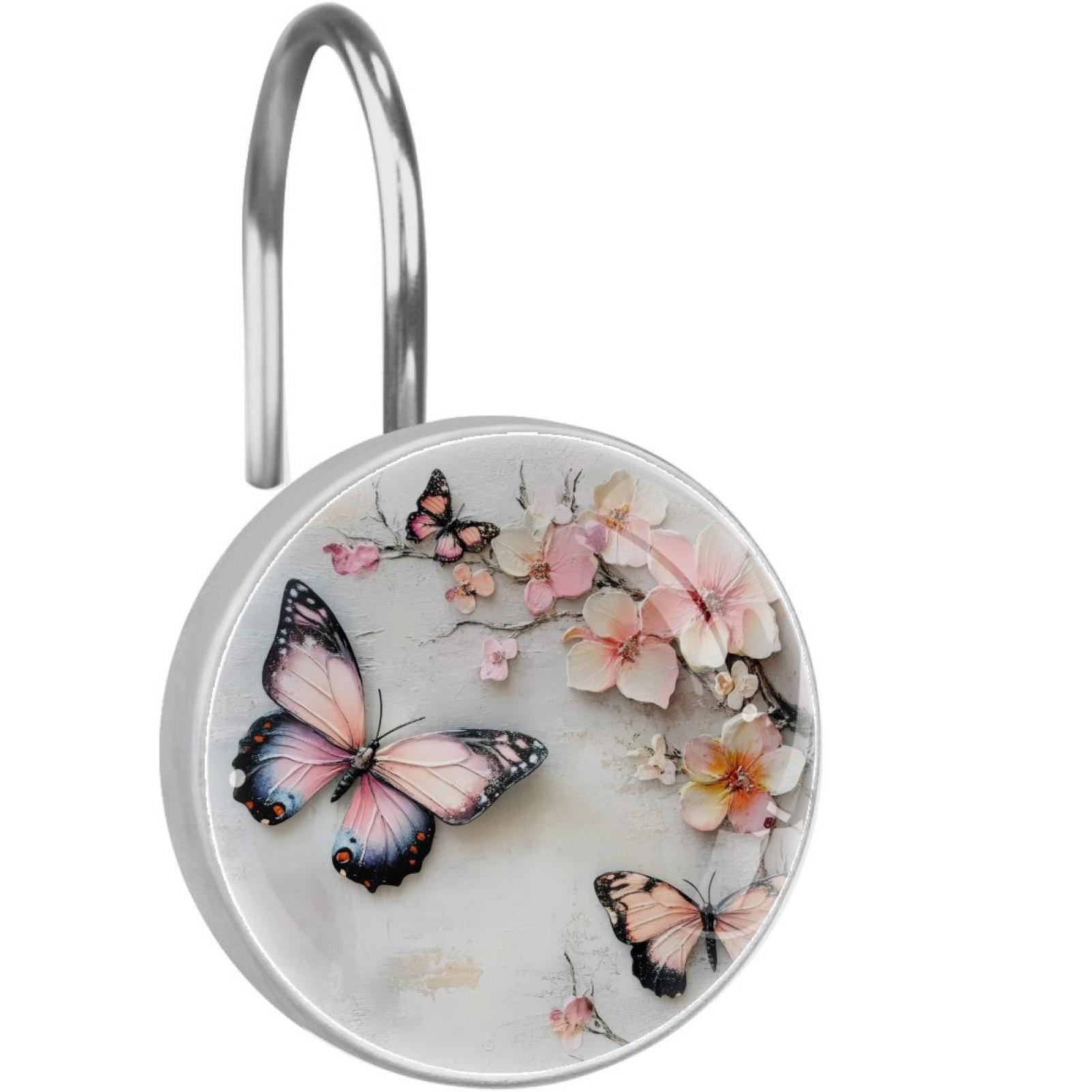 Pink Butterfly Cherry Blssom Branch Shower Curtain Hooks Round Crystal Glass, Set of 12 Shower Curtain Rings - Shower Hooks for Curtain Shower Rings