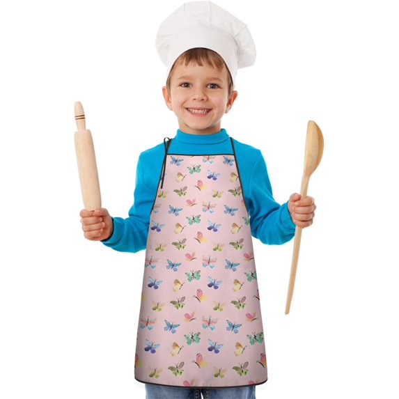 Pink Butterfly Colorful Wing Pattern Kids Aprons for Girls and Boys,Adjustable Neck Strap Toddler Aprons for Kids Cooking Baking