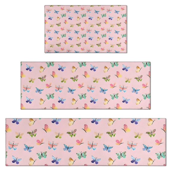 Pink Butterfly Colorful Wing Pattern Kitchen Rugs Sets Of 3,Kitchen Runner Rugs Non Skid Washable,Decorative Kitchen Floor Mats for Kitchen,Sink,Laundry,17"x30"+ 17"x47" + 17"x59"