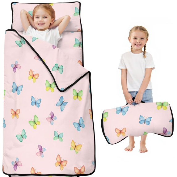 Pink Butterfly Colorful Wing Pattern Teens Toddler Nap Mat with Pillow, Sleeping Mat Bag for Preschool Daycare 51"x22"