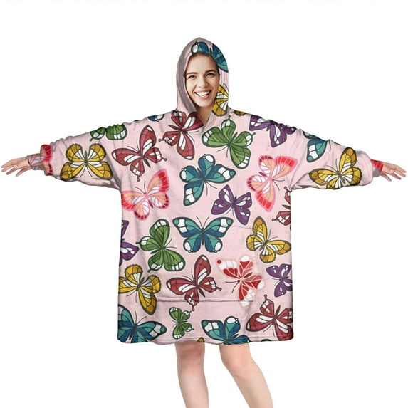 Pink Butterfly Colorful Wing Pattern Wearable Oversized Blanket,Wearable Blanket Hoodie for Adults,Cozy Hooded Blankets with Super Pockets,Super Warm Fuzzy Pullover for Women & Men