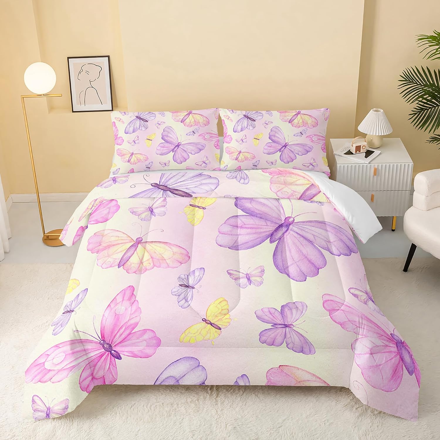 Pink Butterfly Comforter Queen Size,Watercolor Butterfly Kids Comforter
