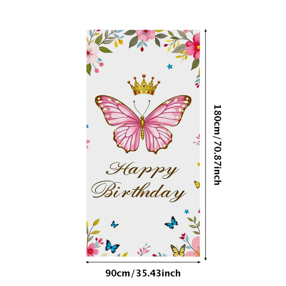 Pink Butterfly Crown Floral Background Happy Birthday Banner Party Supplies Photography Props Backdrop Decorations Girls Birthday Party Celebration Event Photo Booth Decor