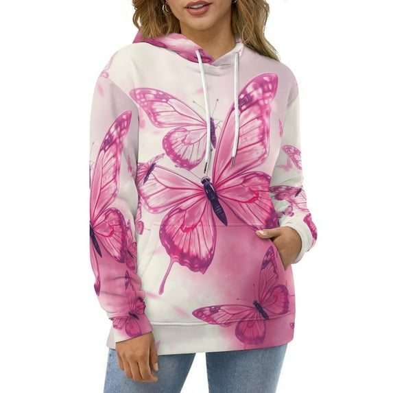 Pink Butterfly Dream Hoodies Classic Oversized Pullover Hoodie Female Long Sleeve Pretty Graphic Casual Hooded Sweatshirts