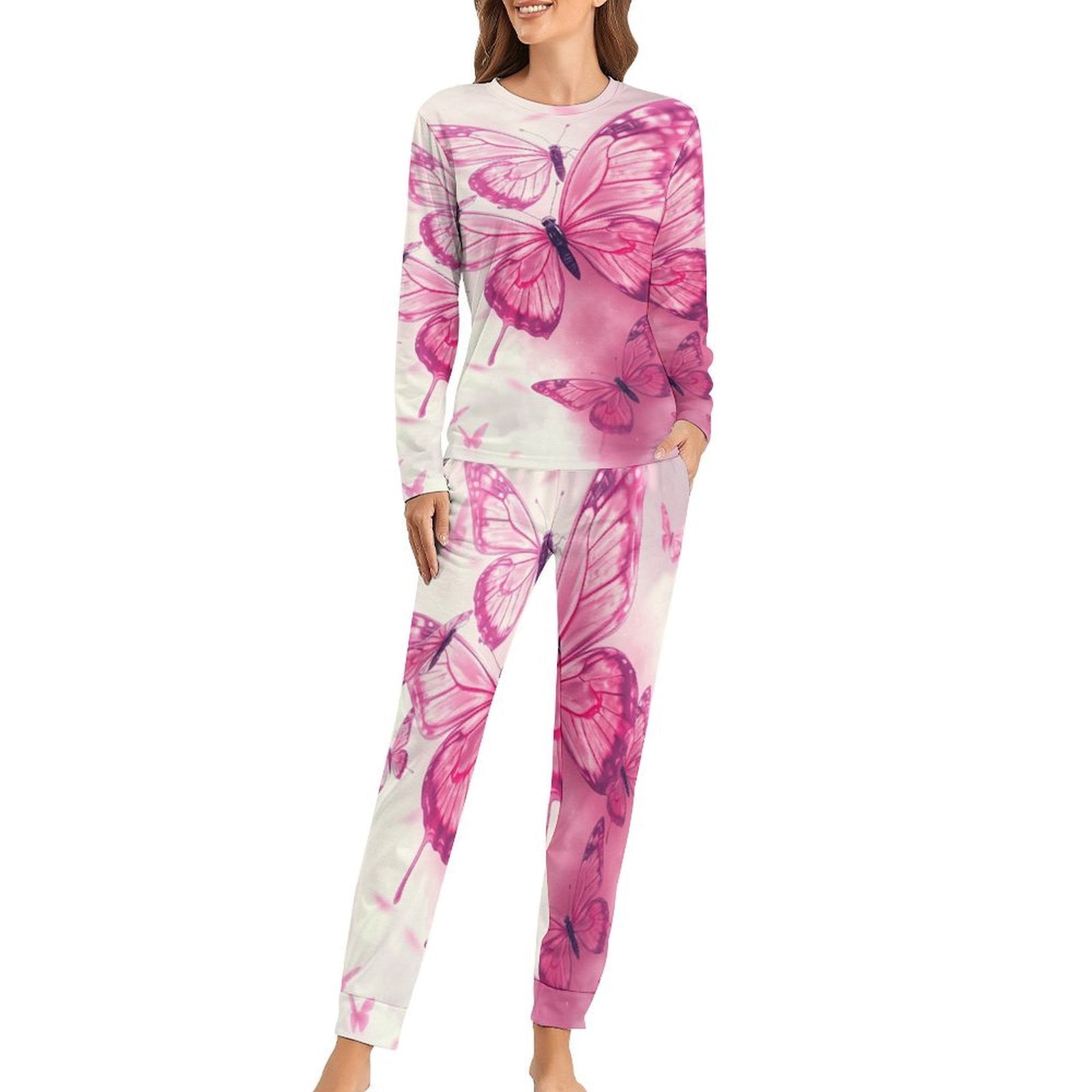 Pink Butterfly Dream Pajamas Woman Two Piece Design Long Sleeves ...
