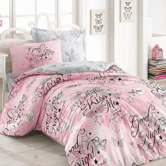 Pink Butterfly Duvet Cover Set, Twin Size Duvet Cover, 1 Duvet Cover, 1 Fitted Sheet and 2 Pillowcases, Iron Safe, Hypoallergenic, Breathable Bedding Set, Machine Washable