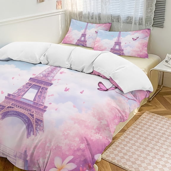 Pink Butterfly Eiffel Tower Print Bedding Set Couple Bedclothes Pillowcase Customized Home Textiles Bed Set for Bedroom Decoration