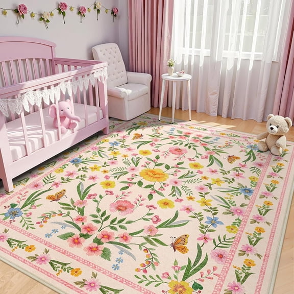 Pink Butterfly Floral Area Rug,Washable Girls Nursery Rug For Bedroom, Playroom Or Kids Room,Cute Soft Non-Slip Carpet For Dorm, Classroom Or Girl Room Decor 3x5ft