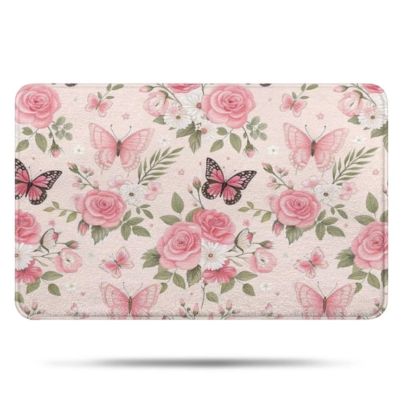 Pink Butterfly Floral Bow White Pattern Bathroom Rugs Mat,Non Slip Microfiber Bathroom Rug,Rubber Backing,Soft Bathroom Mats for Bathroom Floor,Tub and Shower,17x27in(43x68cm)