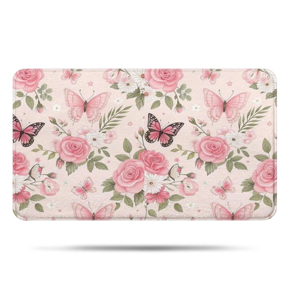 Pink Butterfly Floral Bow White Pattern Bathroom Rugs Mat,Non Slip Microfiber Bathroom Rug,Rubber Backing,Soft Bathroom Mats for Bathroom Floor,Tub and Shower,17x30in(43x75cm)