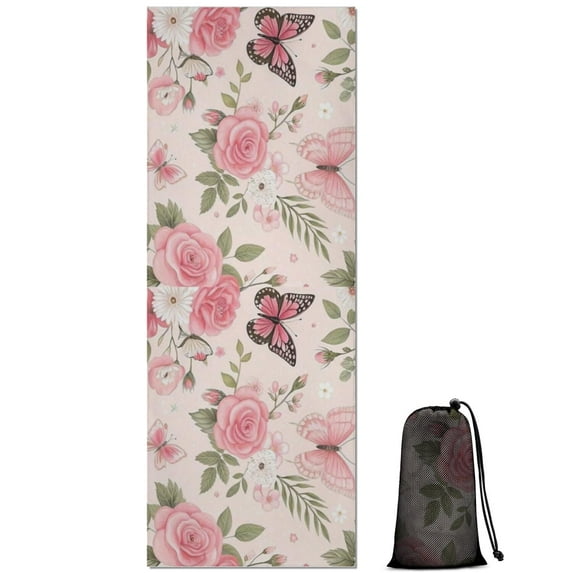 Pink Butterfly Floral Bow White Pattern Hot Yoga Mat Towel Non Slip for Hot Yoga - Quick-Drying Yoga Mat Cover with 4 Corner Pockets with Travel Bag - Hot Yoga Towel Non Slip 74"x26"