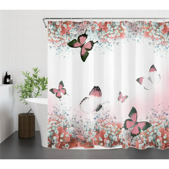 Pink Butterfly Floral Shower Curtain for Bathroom Pink Wildflower Plant Bathroom Shower Curtain Nature Animal Flower Landscape Shower Curtain Bath Accessories Home Decor with 12 Hooks 72x72 Inches