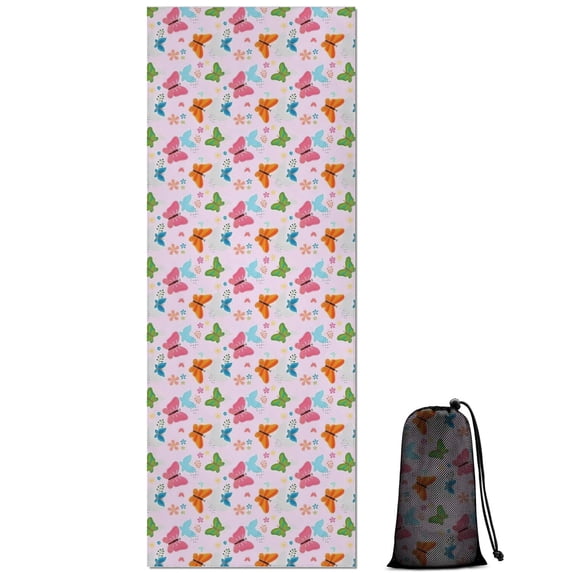 Pink Butterfly Flower Pattern Hot Yoga Mat Towel Non Slip for Hot Yoga - Quick-Drying Yoga Mat Cover with 4 Corner Pockets with Travel Bag - Hot Yoga Towel Non Slip 74"x26"