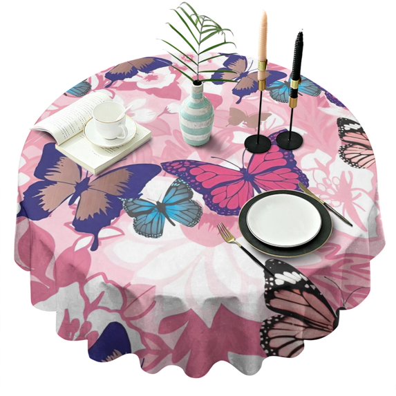 Pink Butterfly Flower Pattern Round Tablecloth 60"x60",Wrinkle Wipeable Table Cloth for Kitchen Dining Room Picnic Patio Party
