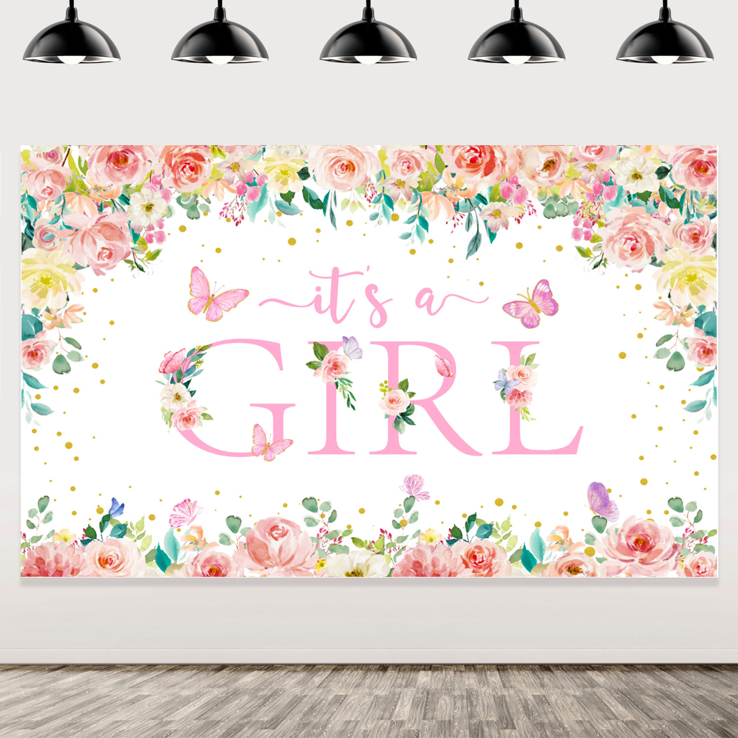 Pink Butterfly and Flowers Baby Shower Backdrop Decorations for Girl