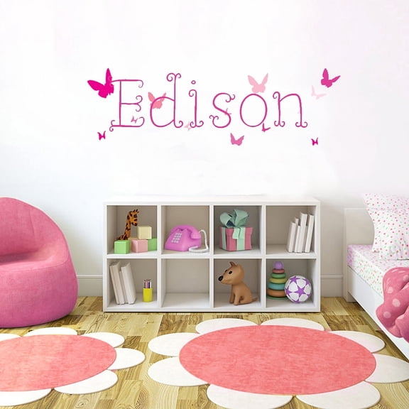 Picniva Custom Baby Name Vinyl Decal, Butterfly Font 5, Pink, 4 in Tall Nursery Decor