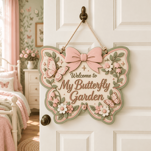 Pink Butterfly Garden Floral Bow Wooden Sign Door Hanger Bedroom Decor