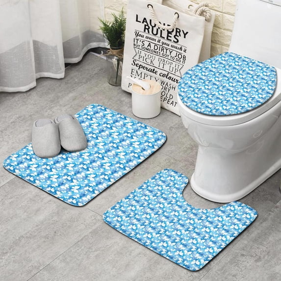 Pink Butterfly Geometric Pattern Bathroom Rugs Sets 3 Piece,Toilet Cover Set,Absorbent Non Slip Bathroom Mats Sets with U-Shaped Contour Rug Toilet Rug Set