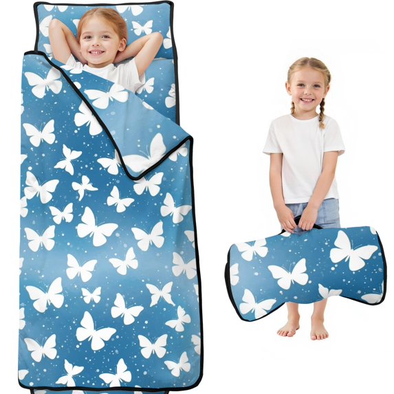 Pink Butterfly Geometric Pattern Teens Toddler Nap Mat with Pillow, Sleeping Mat Bag for Preschool Daycare 60"x20"
