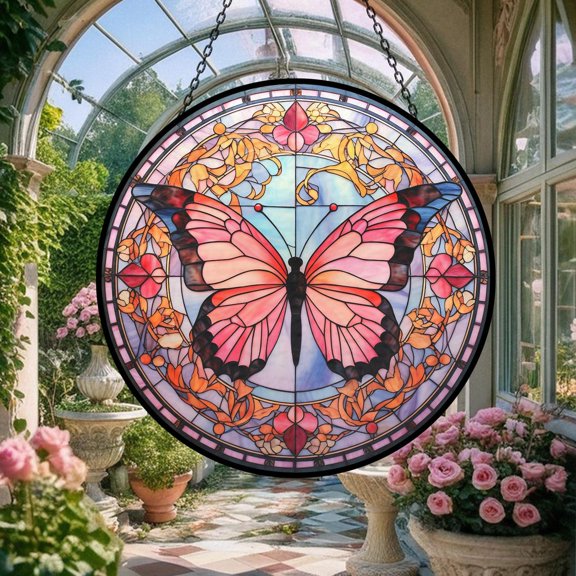 Pink Butterfly Glass Suncatcher, Floral Elements Window Garden Decoration Symmetry Aesthetics, 6.3 in