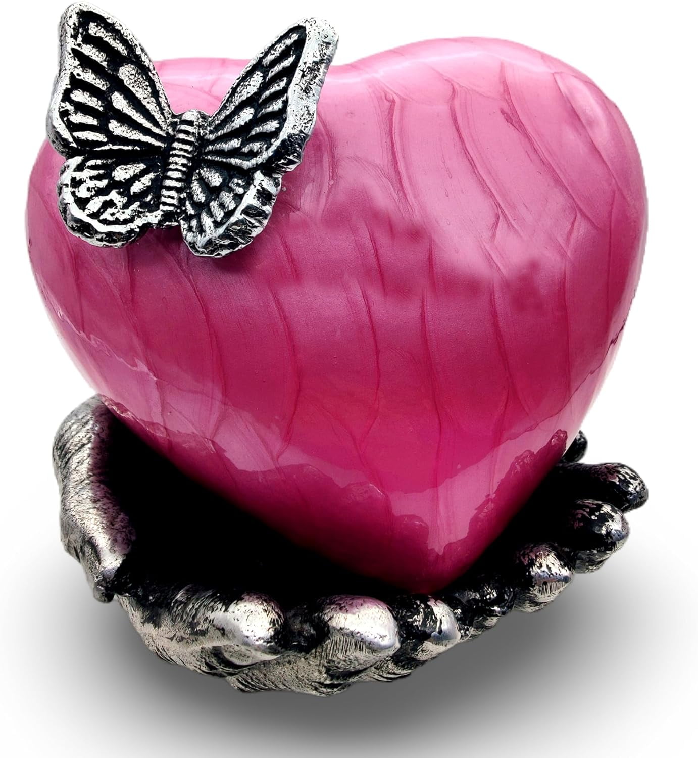 Pink Butterfly Heart Cremation Urn for Ashes with Hand Shape Stand Memorial Humans Keepsake for Women and Men