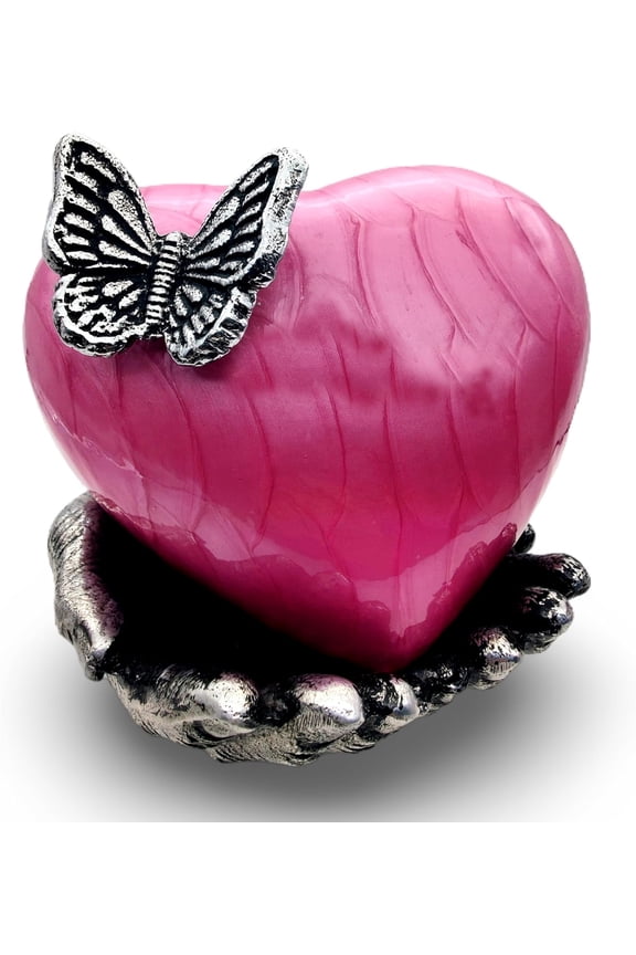 Pink Butterfly Heart Cremation Urn for Ashes with Hand Shape Stand Memorial Humans Keepsake for Women and Men