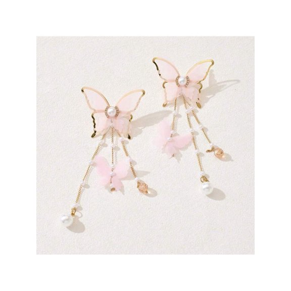 Pink Butterfly Lace Dangle Earrings With Faux Pearl Tassels, 13.5cm Long, 2-Pack