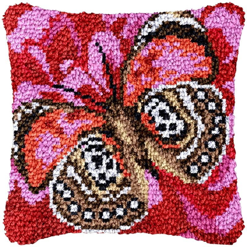 Pink Butterfly Latch Hook Pillow Cover Kits for Needlework Cushion Throw Pillow Cross Stitch Crochet Hook Pillowcase Rug Kits Printed Canvas Crochet Yarn Kits Needlework 17'' X 17''