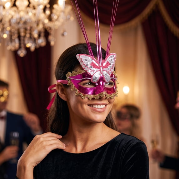 Pink Butterfly Led Masquerade Mask 6 Inch Venetian Masquerade Masks for Women Halloween Accessory for Masquerade Party Mardi Gras Event, 1 Pack