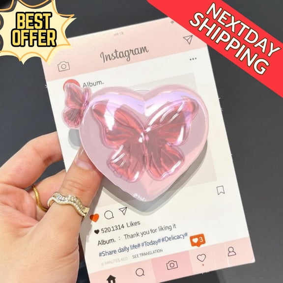 Pink Butterfly Magnetic Phone Grip Cute Heart-Shaped Magsafe Phone Stand, Kawaii Candy Phone Holder, Valentine Phone Accessory