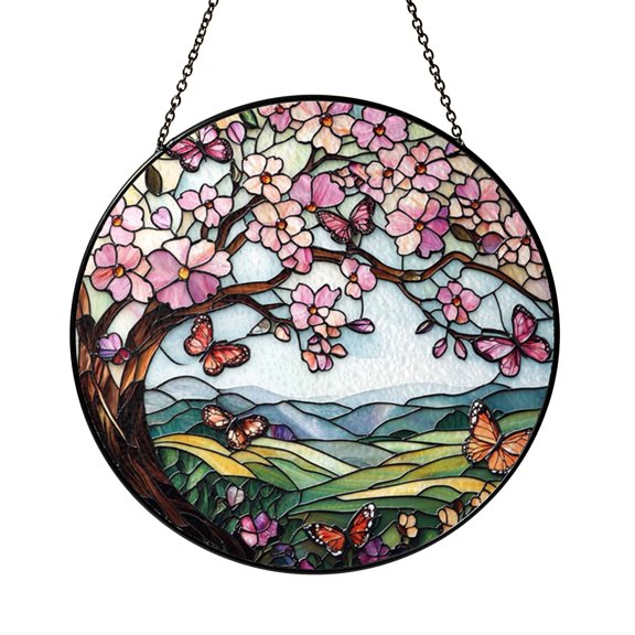 Pink Butterfly Meadow Stained Glass Style Suncatcher Window Hanging Decor, Spring Garden Floral Decorative Glass Panel Art Window Ornament Nature Home Decor Gift